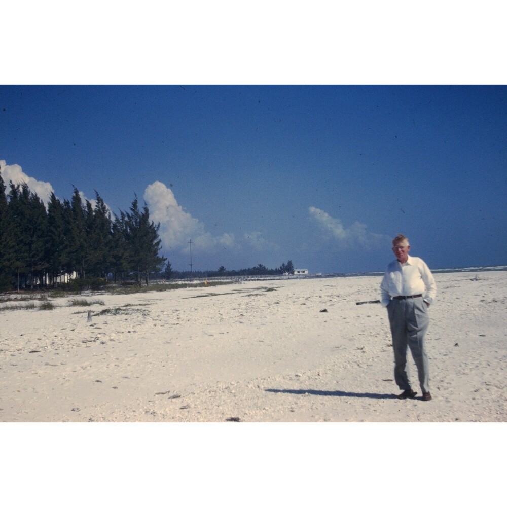 Kodak Slide 1940s Red Border Kodachrome Older Man Posing For Picture On Beach